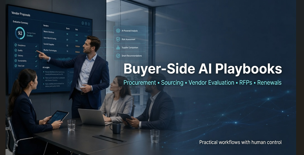 Buyer-side AI playbooks visual showing procurement, sourcing, vendor evaluation, RFP, and renewal workflows in an executive meeting setting.